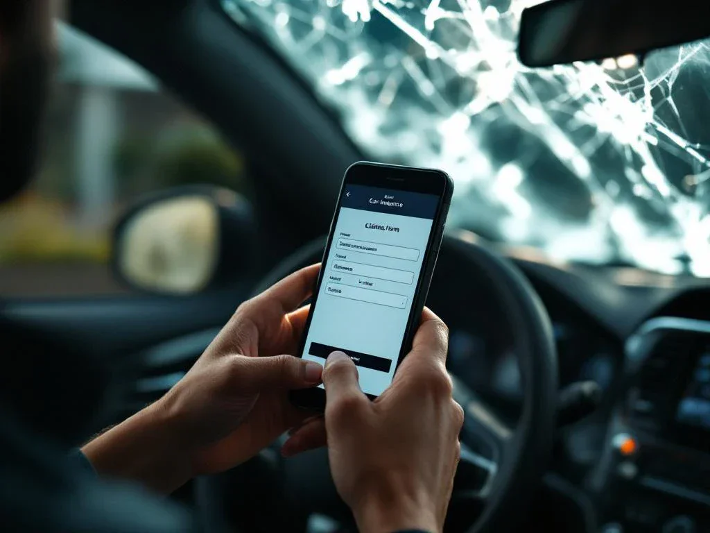 Person holding smartphone with car insurance claims app in damaged vehicle with cracked windshield