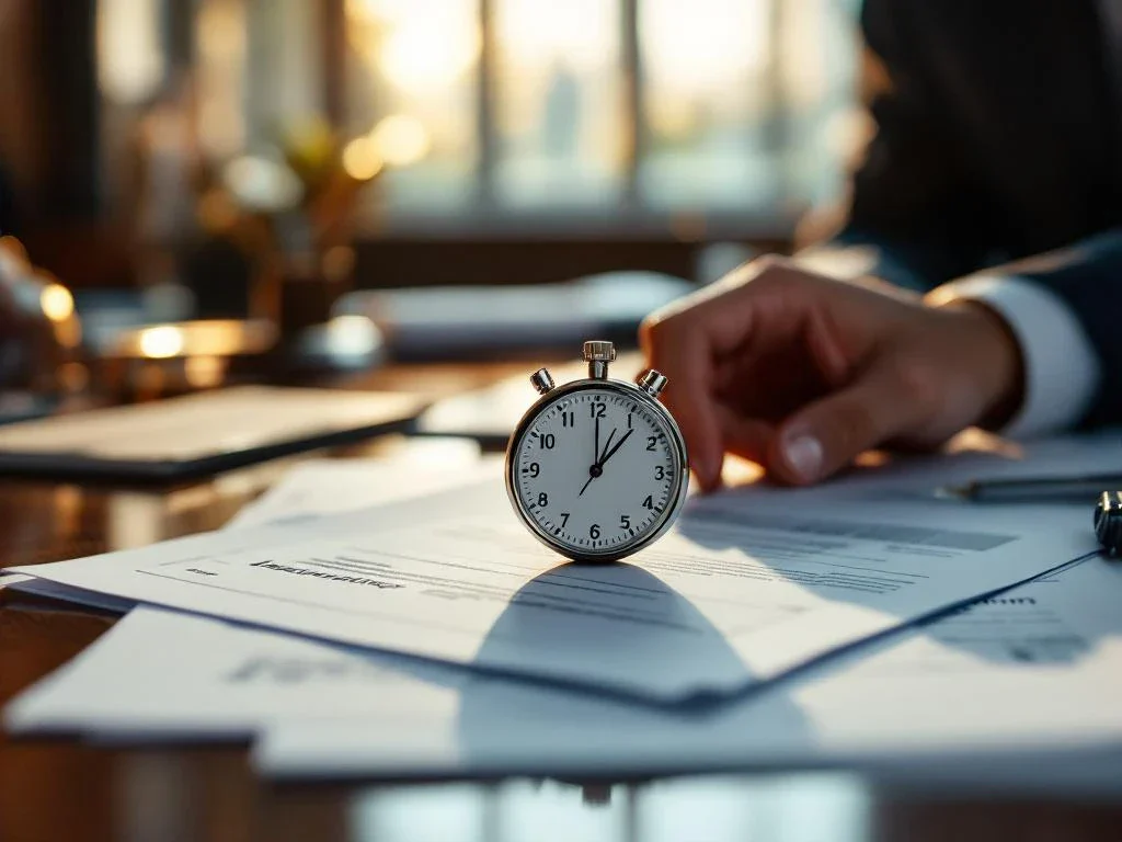 Stopwatch on stack of car insurance claim documents with hands organizing paperwork on mahogany desk in warm office lighting.