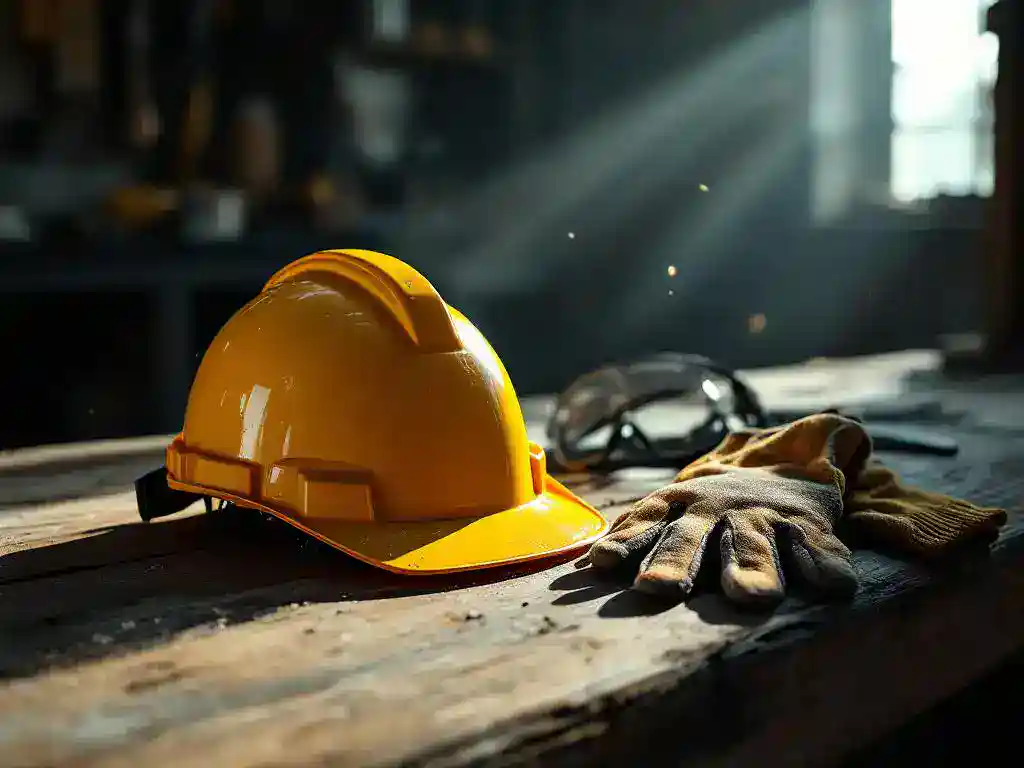 Yellow hard hat on wooden workbench with safety glasses and work gloves, industrial tools in background, dramatic lighting