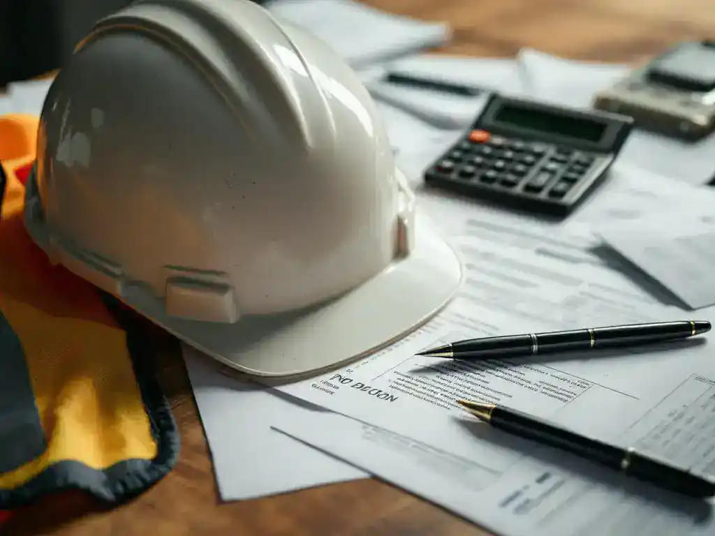 Construction worker's hard hat and safety vest on wooden desk with scattered legal documents, calculator, and pen