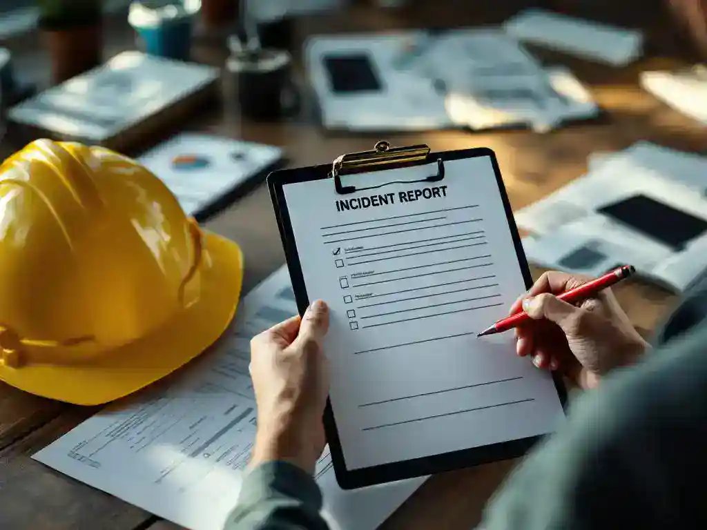 Construction worker filling out incident report form on clipboard with hard hat and safety glasses on desk