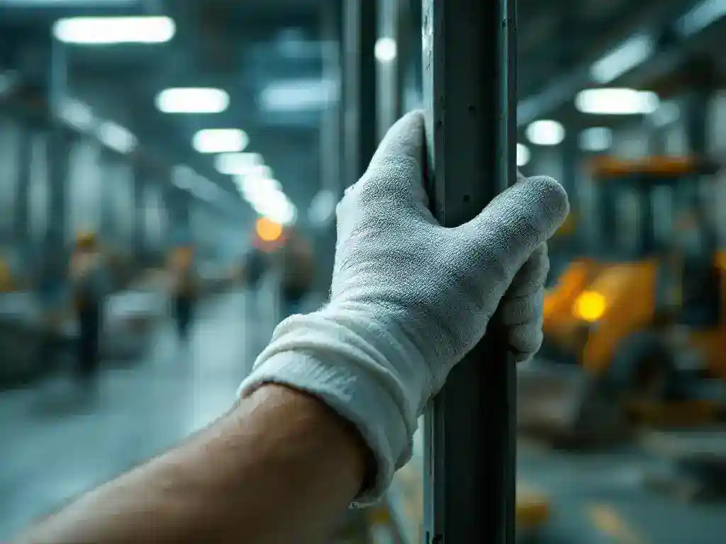 Injured construction worker's bandaged hand gripping steel beam in industrial warehouse with blurred workers in background