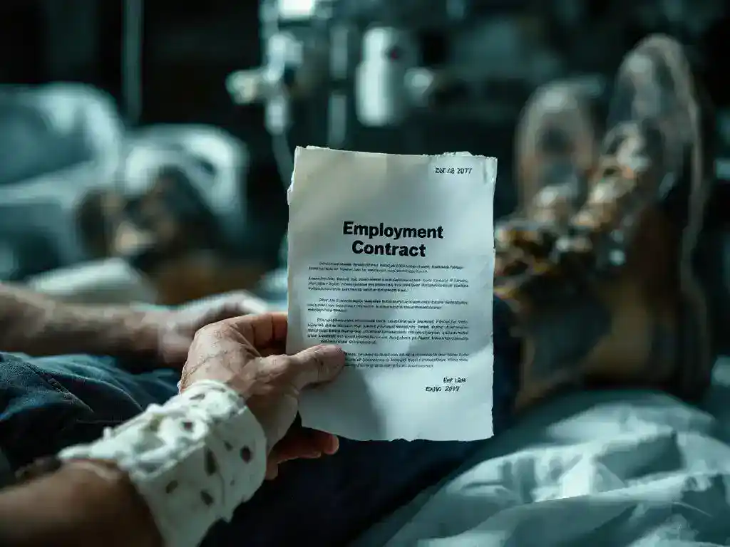 Injured construction worker's hand holding expired employment contract while wearing medical cast, sitting on hospital bed in work boots.