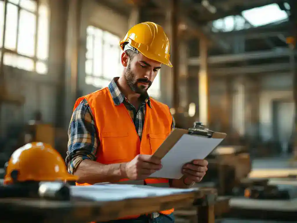 Construction worker in orange safety vest reviewing insurance documents on clipboard in industrial workplace setting.
