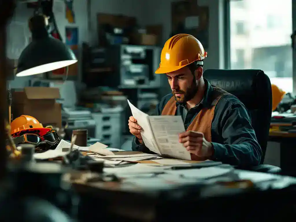 Construction worker in hard hat at cluttered desk holding unpaid medical bill with empty insurance folder and broken safety equipment
