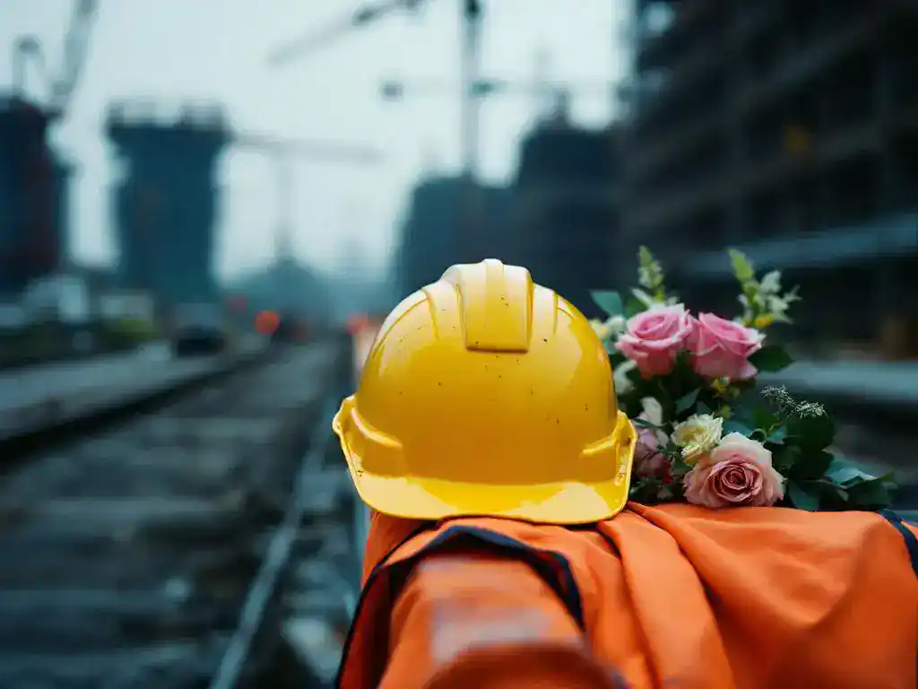 Yellow hard hat and orange safety vest on wooden barrier at Dutch construction site with memorial flowers and cranes in background.