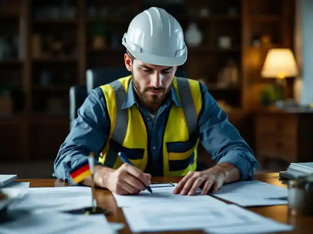 Construction worker in hard hat reviewing legal documents at desk with foreign country flag among paperwork