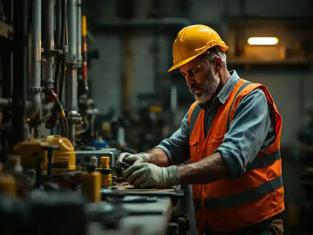 Construction worker in yellow hard hat and safety vest examining protective equipment on workbench in industrial setting.