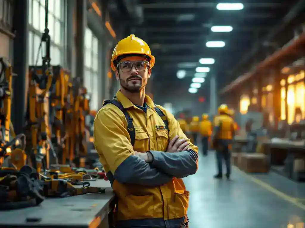 Construction worker in yellow safety gear adjusting hard hat in organized industrial workspace with safety equipment on workbench