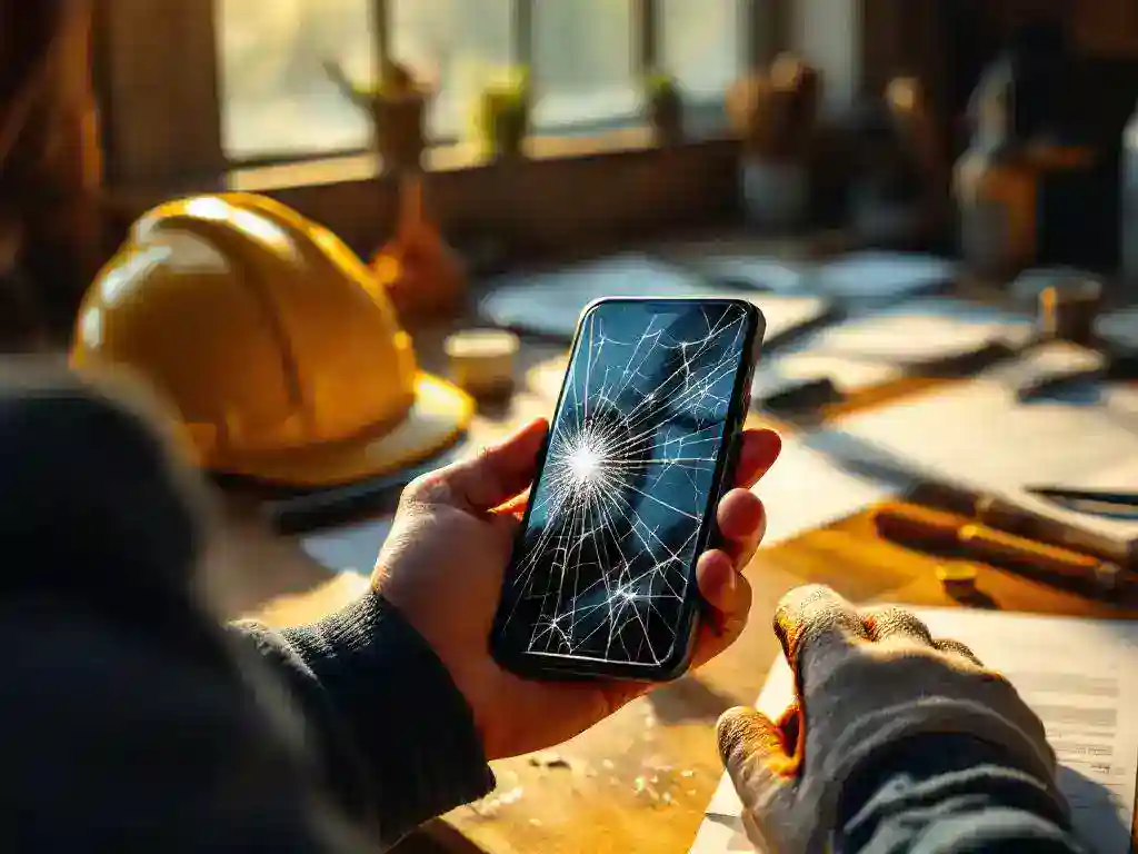 Contractor holding cracked smartphone with spider-web screen damage, hard hat and work documents on wooden workbench