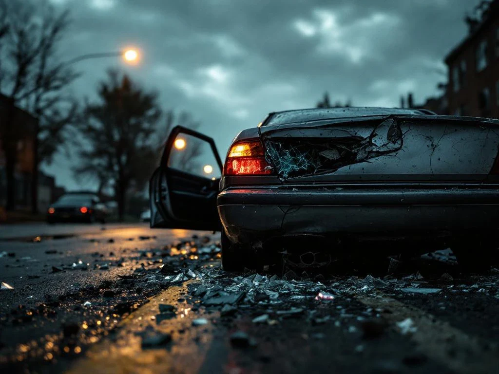 Damaged car with cracked bumper and open door abandoned on empty urban street with scattered glass and broken taillight