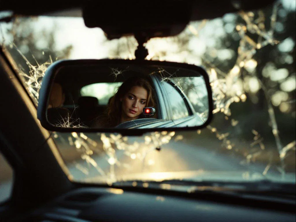 Damaged car side mirror reflecting dashboard camera with red recording light, cracked glass and bent metal visible