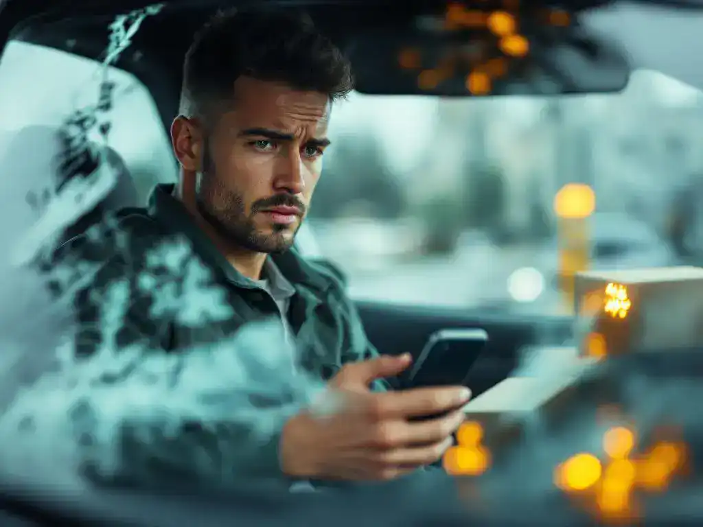 Delivery driver in damaged vehicle after collision, holding phone with concerned expression, cracked windshield and packages visible.