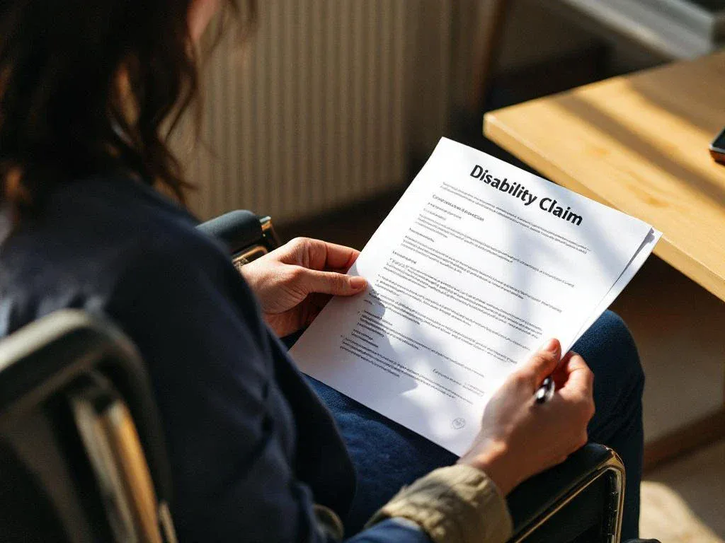 Person in wheelchair reviewing disability claim documents at wooden desk with pen, natural window lighting creating professional atmosphere.