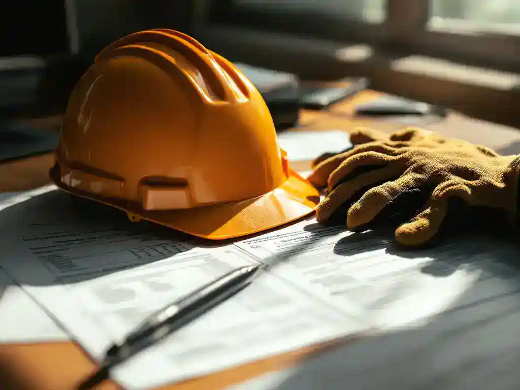 Construction worker's safety helmet and gloves on disability insurance paperwork at wooden desk with pen and medical forms.