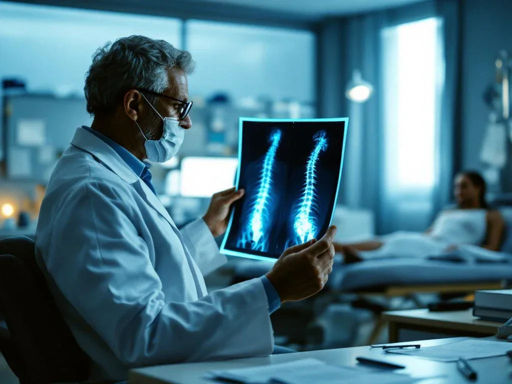 Doctor examining spinal X-rays on illuminated viewing box in medical examination room with patient seated nearby