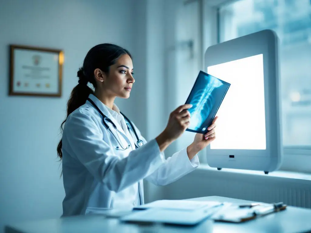 Doctor in white coat examining X-ray film on lightbox in medical office with stethoscope and clipboard nearby.