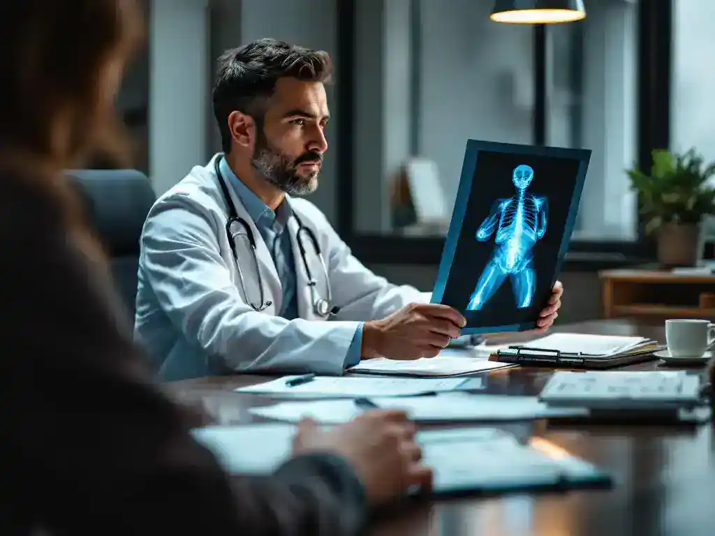 Doctor in white coat examining X-ray at medical desk with stethoscope, patient's hand reaching forward during consultation.