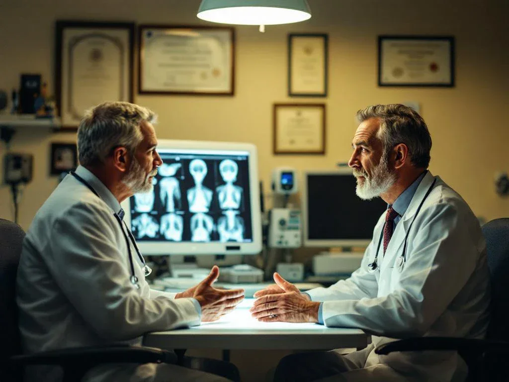 Doctor in white coat reviewing X-rays with patient during medical consultation in professional office setting