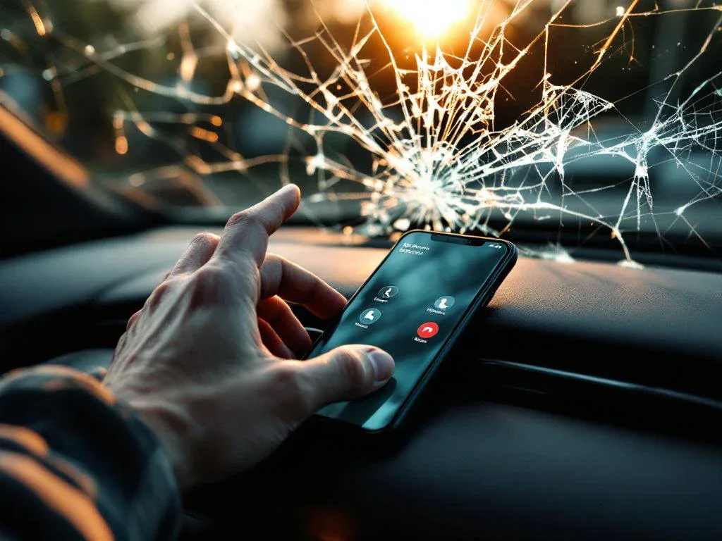 Hand reaching for smartphone on car dashboard displaying emergency contacts with cracked windshield in background