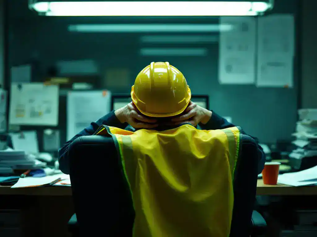 Exhausted office worker with head in hands at desk covered in incident reports, safety vest and hard hat on chair