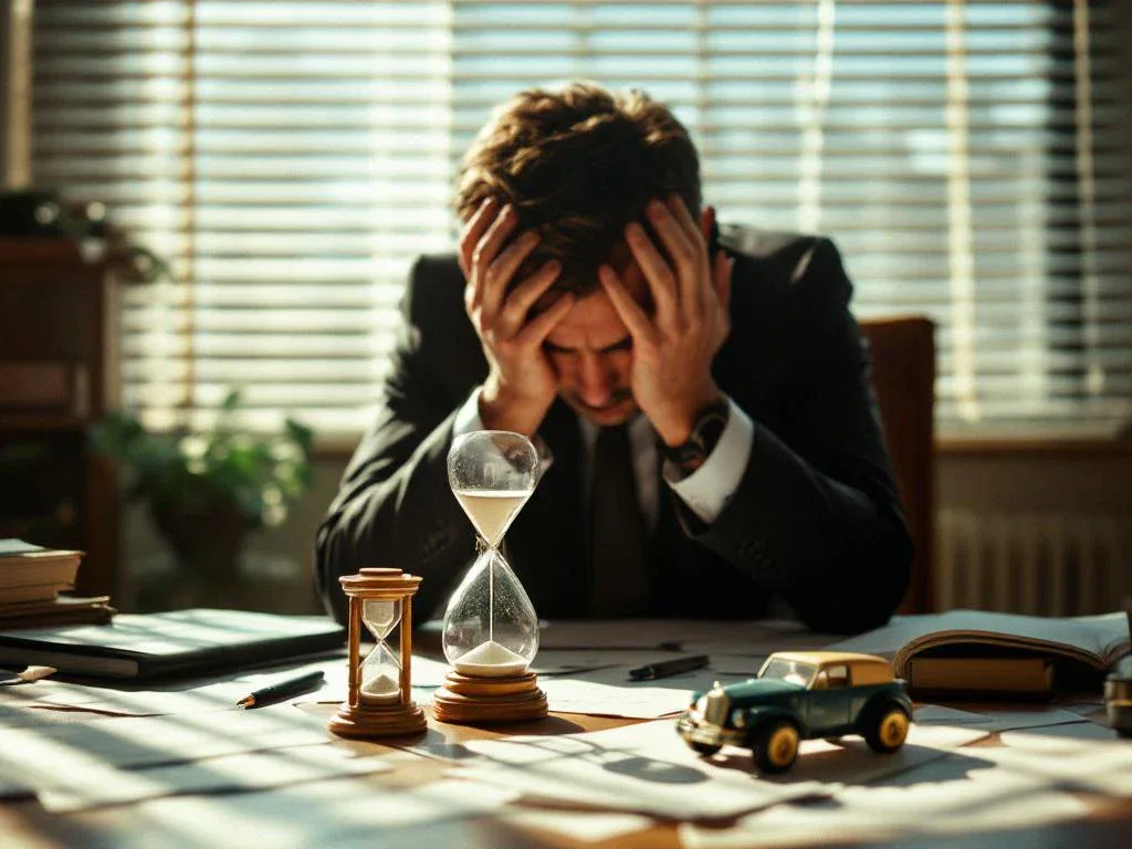 Frustrated lawyer in business suit holding head at desk with scattered legal documents, stalled hourglass, and toy car in sunlit office