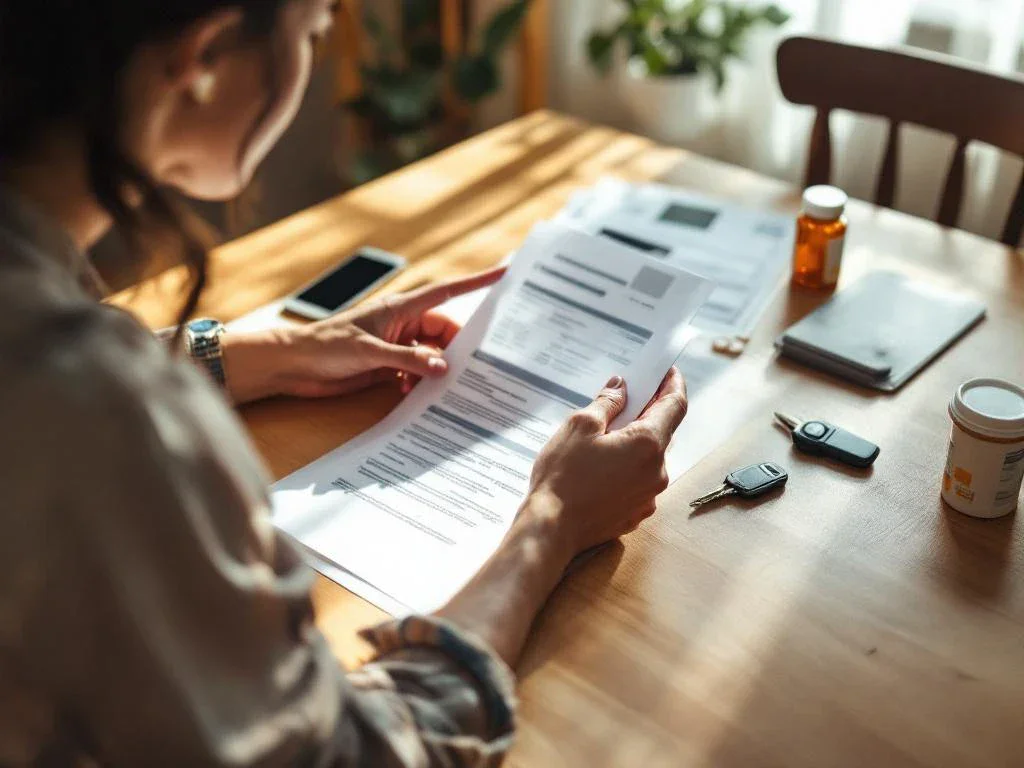 Person reviewing medical insurance documents at kitchen table with smartphone, prescription bottle, and car keys nearby