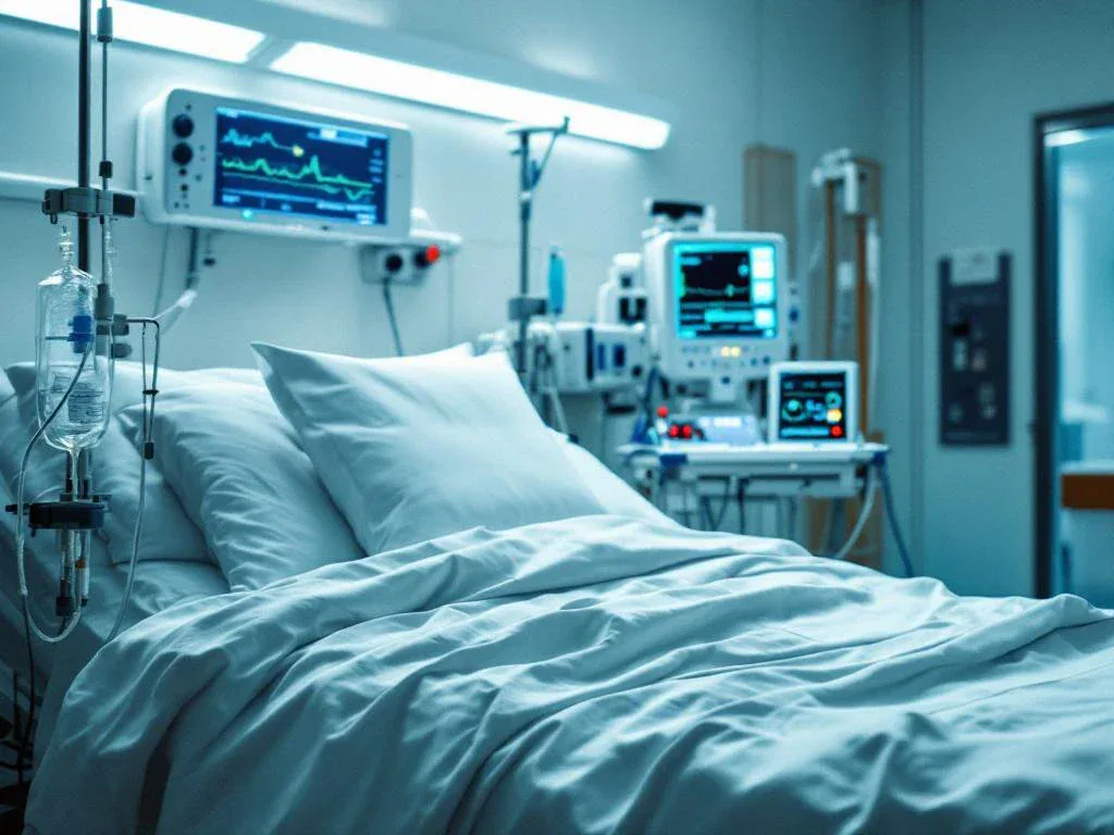 Hospital emergency room bed with white sheets, medical monitoring equipment, IV stand, and chart on bedside table