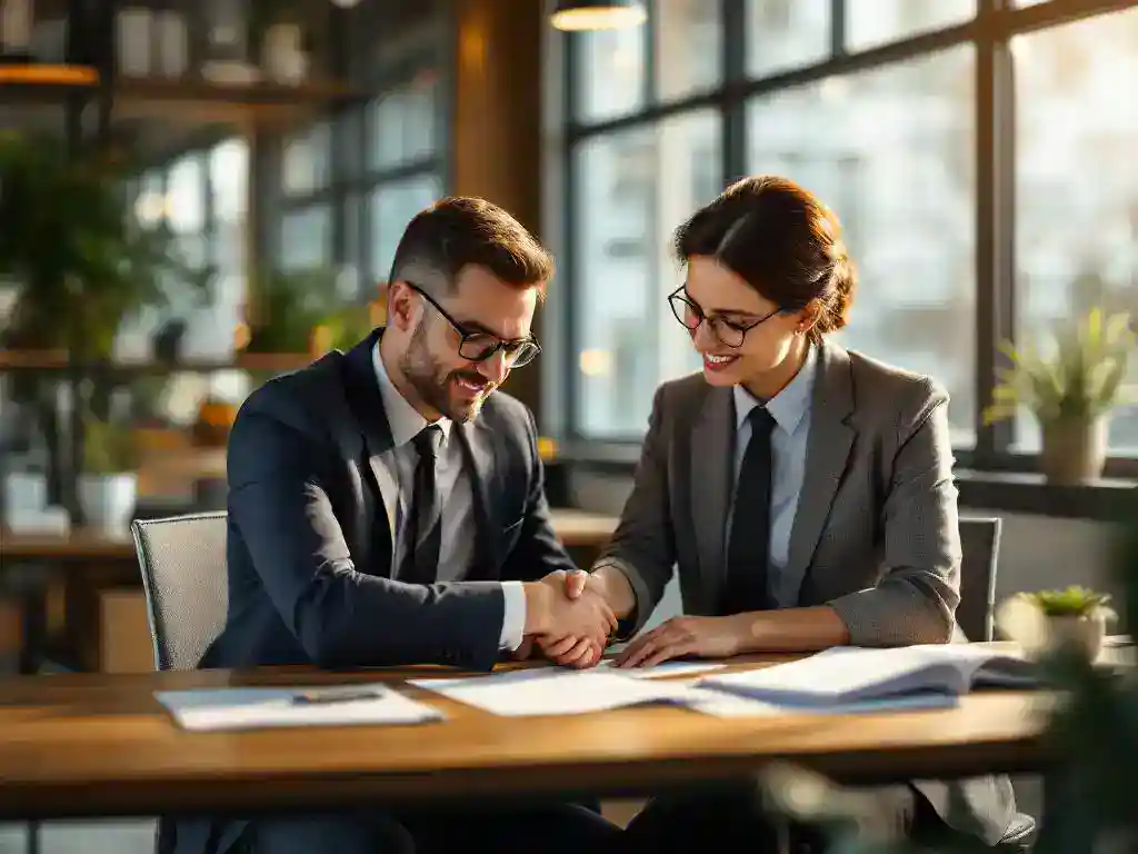 Office worker and HR representative reviewing workplace documents together at wooden desk in modern corporate office