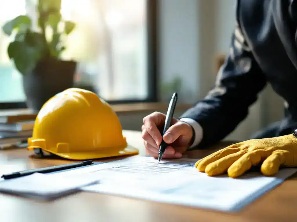 Office worker filling out incident report form at desk with hard hat and safety gloves nearby in natural lighting.