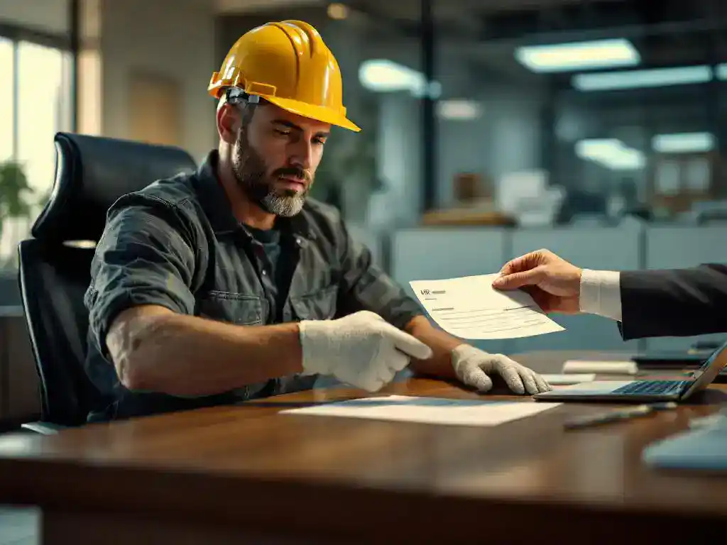 Injured construction worker with bandaged hand receiving paycheck from HR representative across office desk