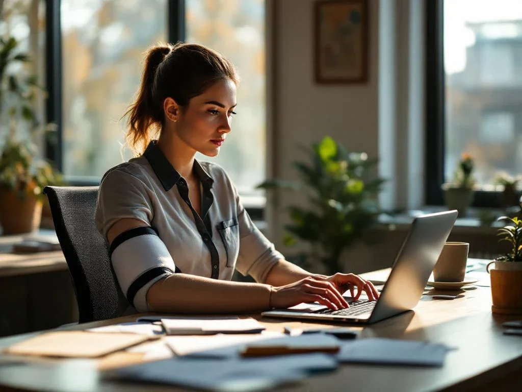 Professional office worker with arm in sling typing on laptop at modern desk, showing workplace resilience and determination.