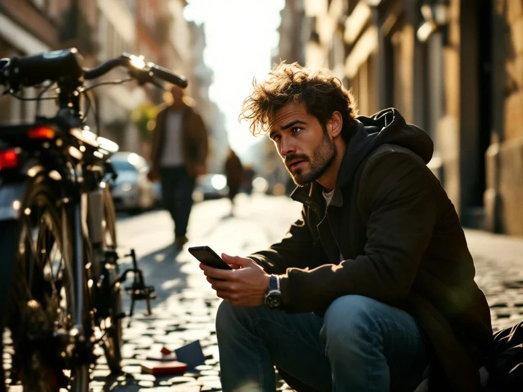 Concerned traveler sits on cobblestone street beside damaged bicycle, holding phone with scattered passport and documents nearby.