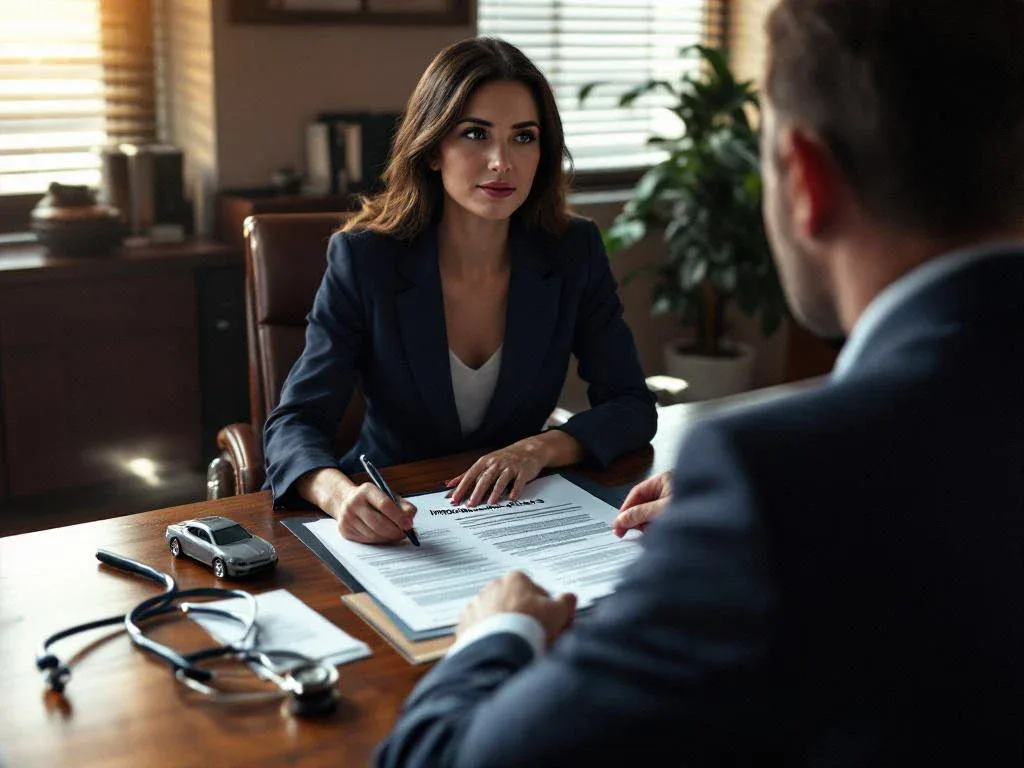 Professional businesswoman in navy suit consulting with insurance adjuster at desk with open policy document and model car