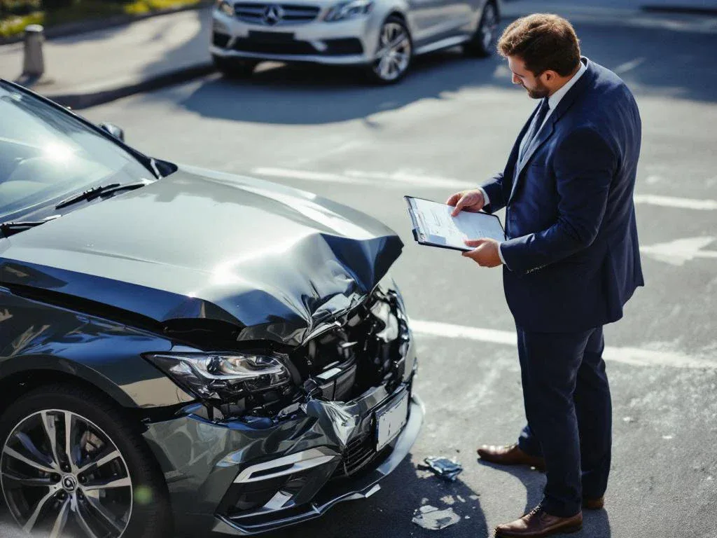 Insurance adjuster in navy suit examining damaged car with crumpled front bumper, holding clipboard during vehicle assessment