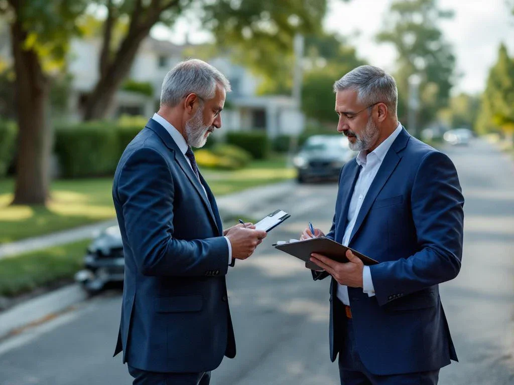 Insurance adjuster in navy suit examining damaged car with crumpled bumper, taking notes on clipboard in suburban setting.