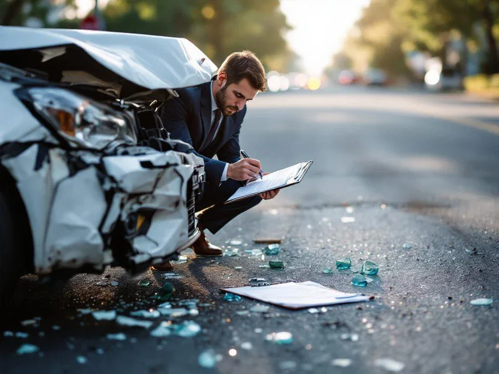 Insurance adjuster examining damaged car with crumpled bumper on suburban street, taking notes on clipboard