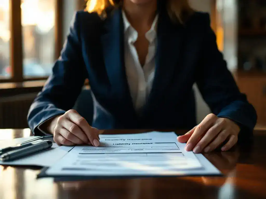 Professional businesswoman in navy suit reviewing liability insurance policy and accident claim form at office desk