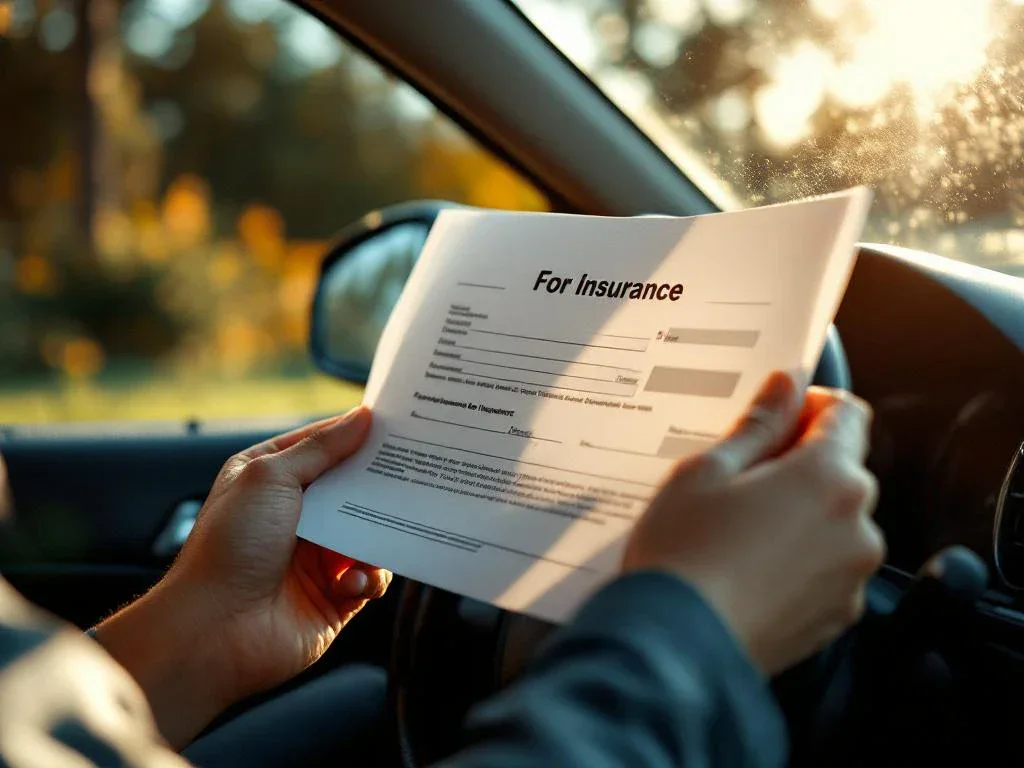 Person holding insurance check and documents in car with damaged dashboard, sunlight illuminating paperwork