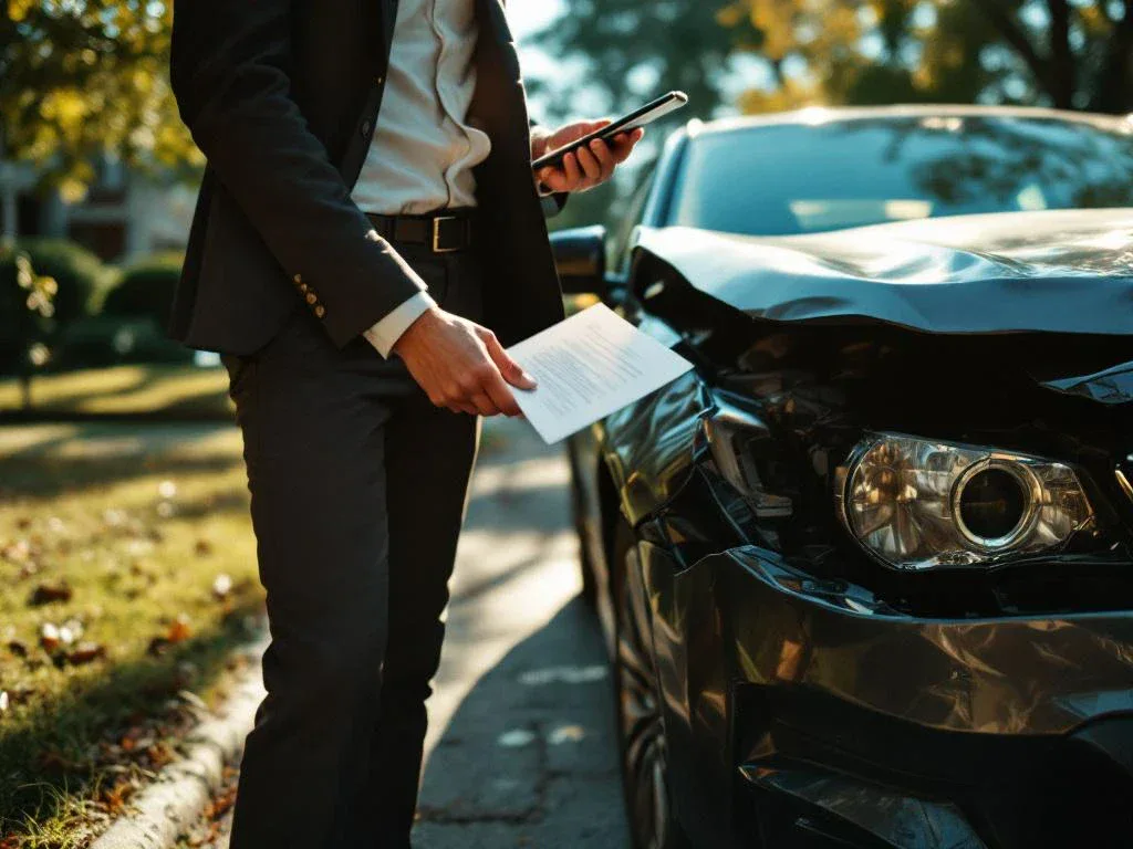 Person in business attire holding insurance documents and phone next to damaged car with crumpled bumper in driveway