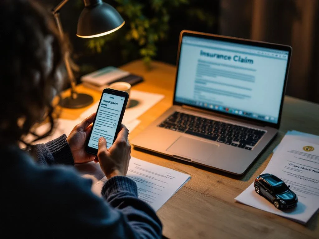 Person on phone call while viewing insurance claim form on laptop, with damaged toy car and scattered documents on wooden desk