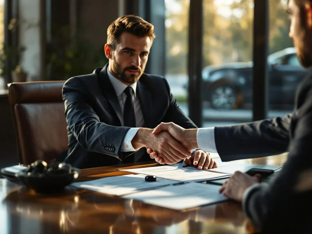 Business person shaking hands with insurance adjuster at conference table with documents and damaged car key visible