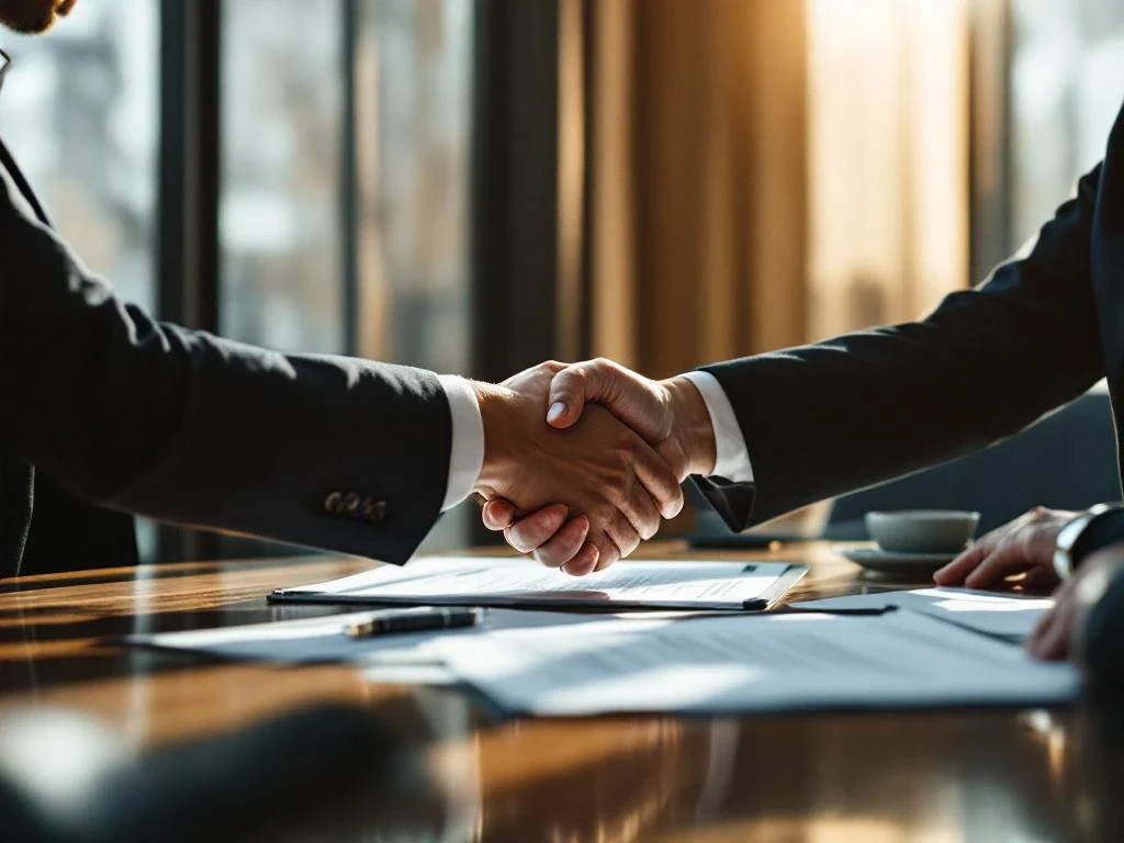 Professional in business suit with arm sling shaking hands with insurance adjuster across conference table with legal documents