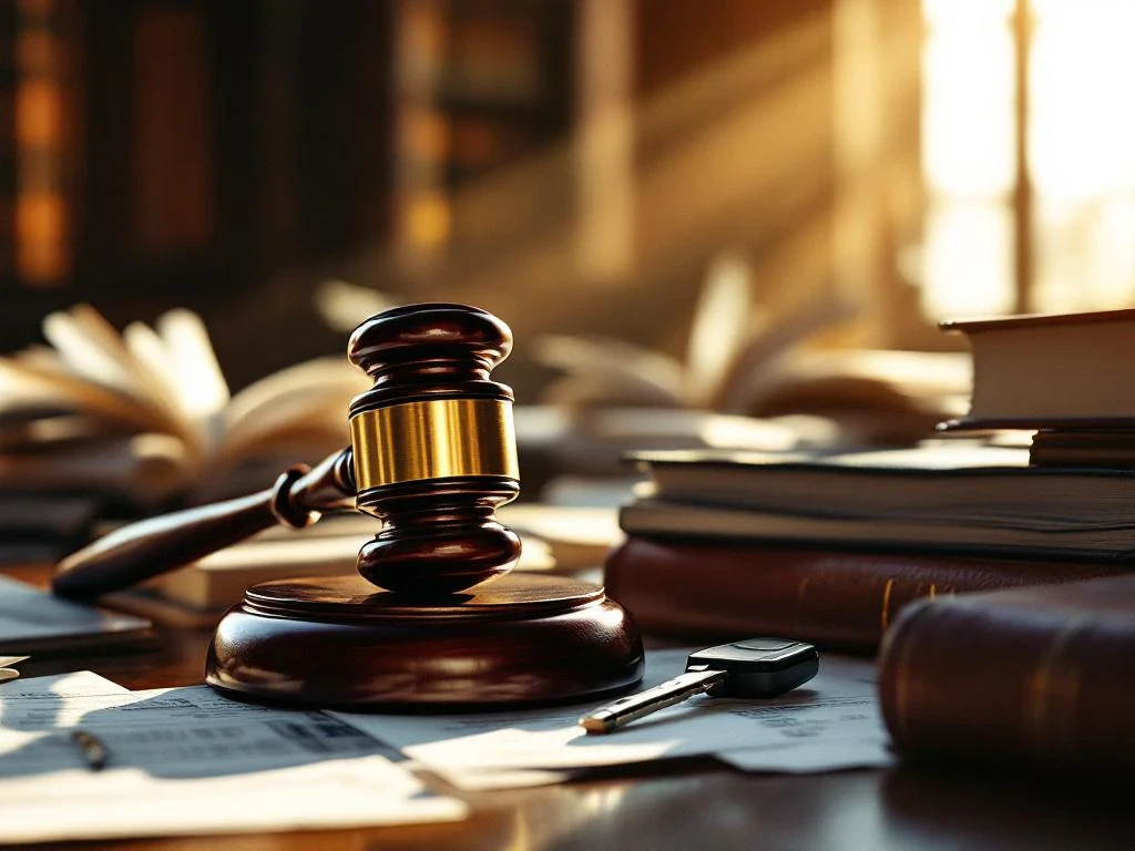 Judge's gavel on legal documents with car key, sunlight streaming through courthouse windows onto law books