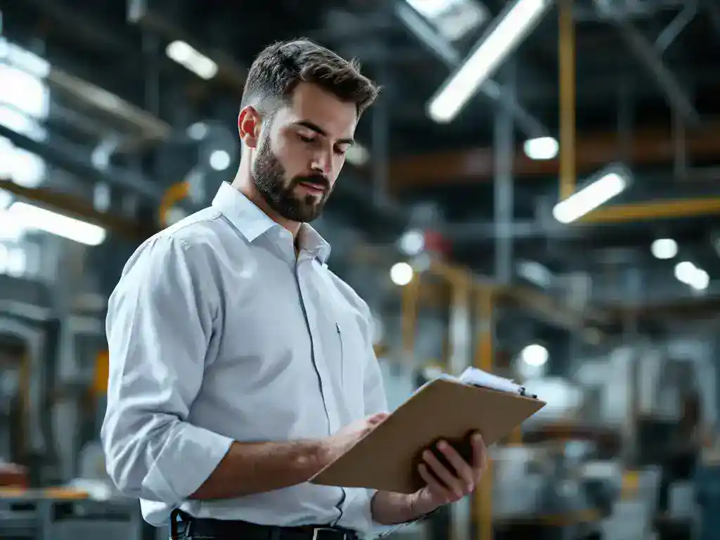 Labor inspector in white shirt reviewing investigation documents on clipboard in modern industrial workplace with safety equipment