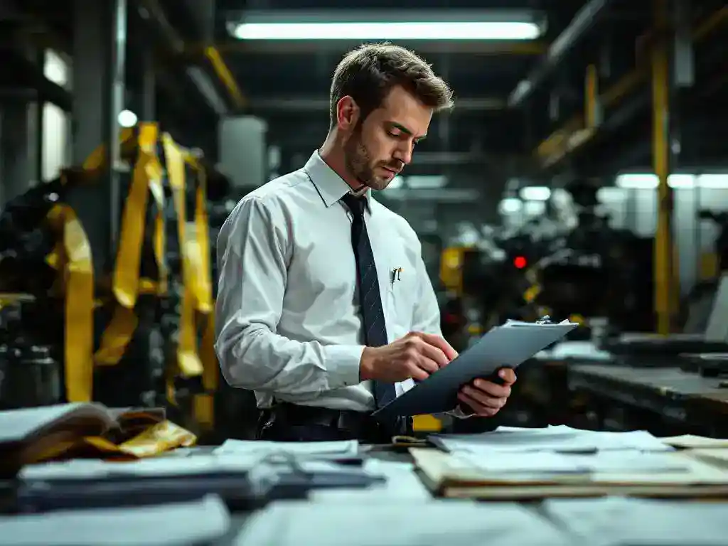 Labour inspector examining damaged industrial machinery with clipboard, safety tape visible, incident reports on workbench