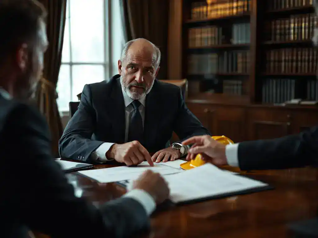 Businessman and lawyer discussing legal documents at conference table with hard hat, law books in background