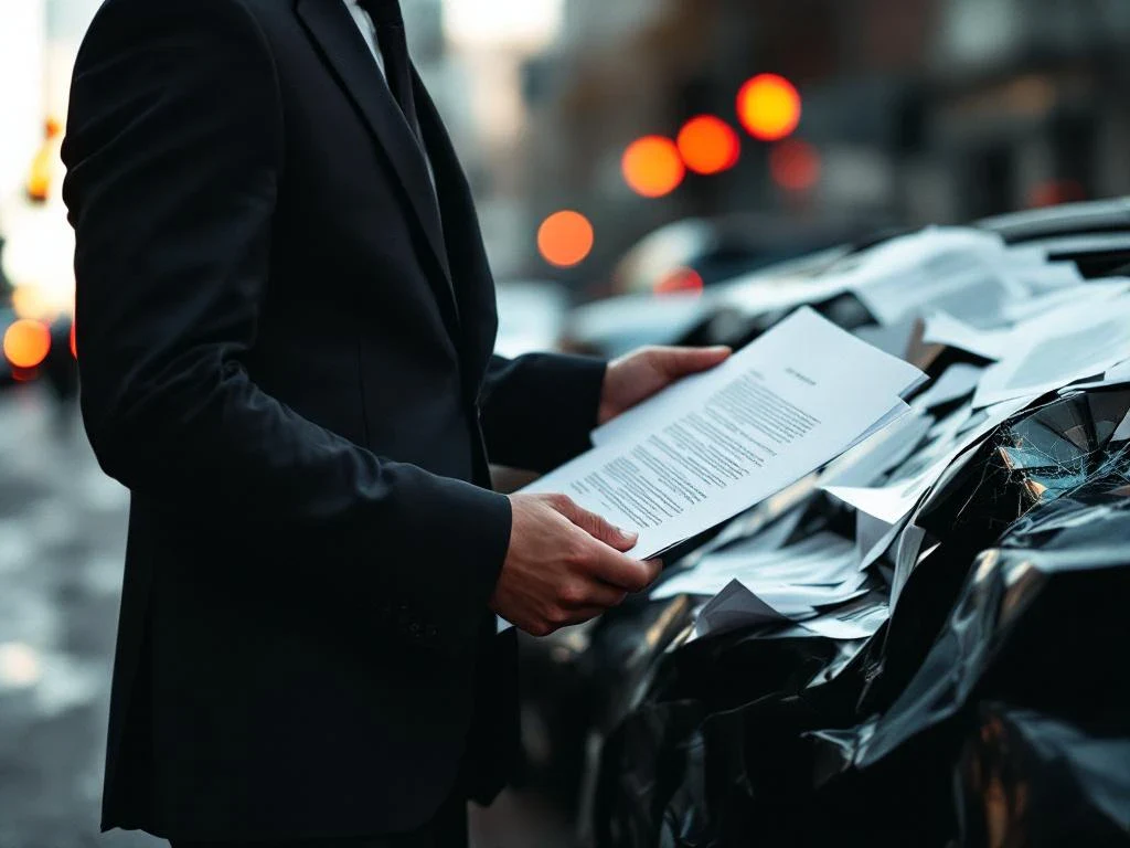 Businessman in suit holding legal documents next to damaged car with cracked windshield on urban street