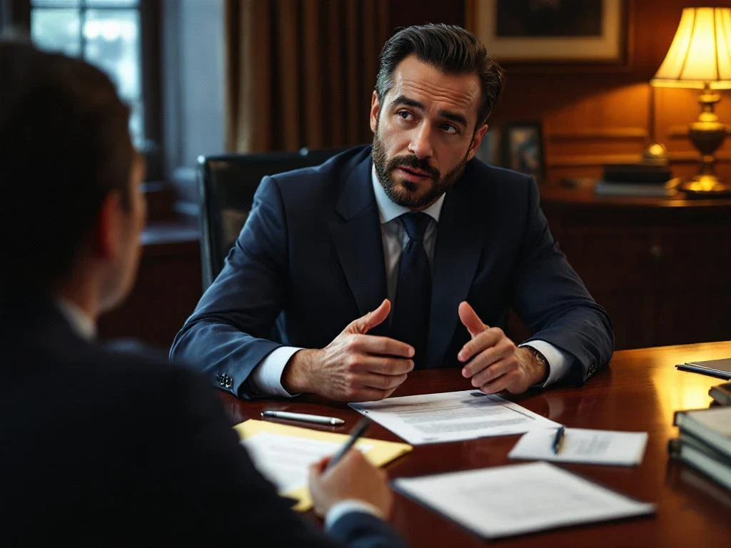 Professional lawyer in navy suit consulting with client at office desk with legal documents and notepad between them.