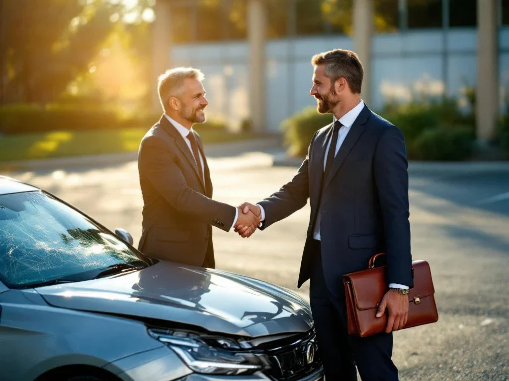 Lawyer in navy suit shaking hands with client next to damaged silver car in law office parking lot